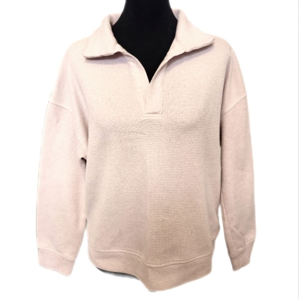 Merokeety Waffle Knit V-neck Collared Relaxed Fit Cropped Sweatshirt, L